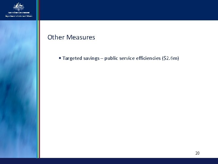 Other Measures • Targeted savings – public service efficiencies ($2. 6 m) 20 