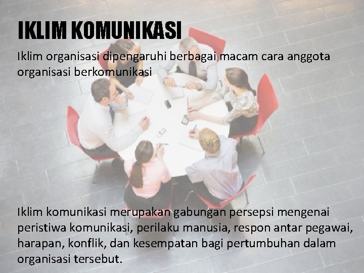 IKLIM KOMUNIKASI Iklim organisasi dipengaruhi berbagai macam cara anggota organisasi berkomunikasi Iklim komunikasi merupakan