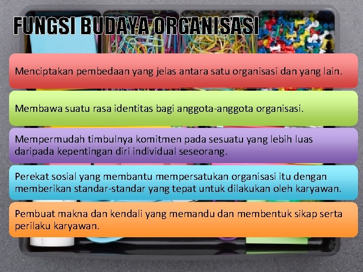 FUNGSI BUDAYA ORGANISASI Menciptakan pembedaan yang jelas antara satu organisasi dan yang lain. Membawa