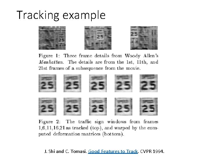 Tracking example J. Shi and C. Tomasi. Good Features to Track. CVPR 1994. 