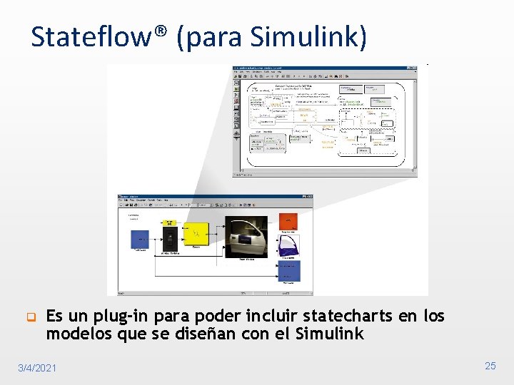 Stateflow® (para Simulink) q Es un plug-in para poder incluir statecharts en los modelos