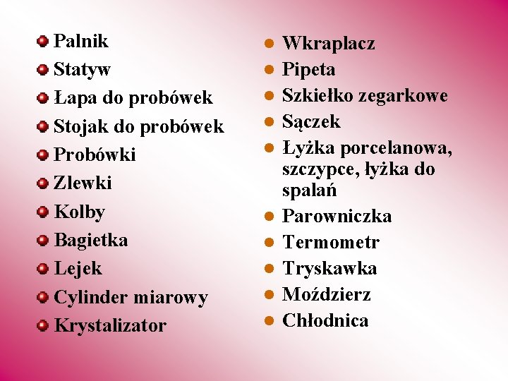 Palnik Statyw Łapa do probówek Stojak do probówek Probówki Zlewki Kolby Bagietka Lejek Cylinder