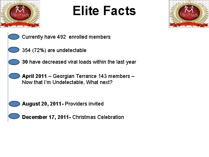 Elite Facts Currently have 492 enrolled members 354 (72%) are undetectable 30 have decreased