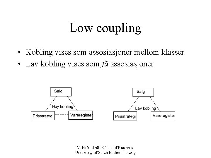 Low coupling • Kobling vises som assosiasjoner mellom klasser • Lav kobling vises som