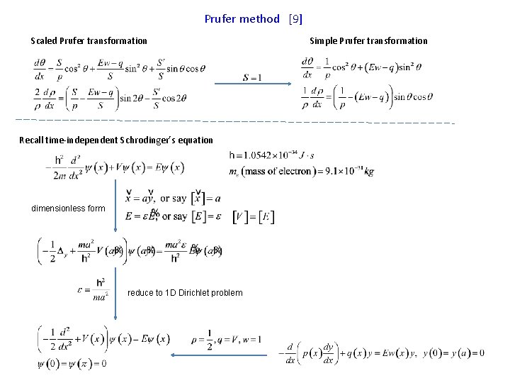 Prufer method [9] Scaled Prufer transformation Recall time-independent Schrodinger’s equation dimensionless form reduce to