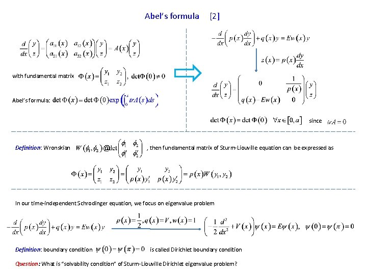 Abel’s formula [2] with fundamental matrix Abel’s formula: since Definition: Wronskian , then fundamental