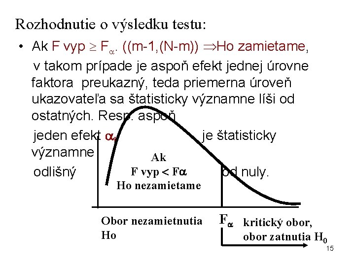 Rozhodnutie o výsledku testu: • Ak F vyp F. ((m-1, (N-m)) Ho zamietame, v