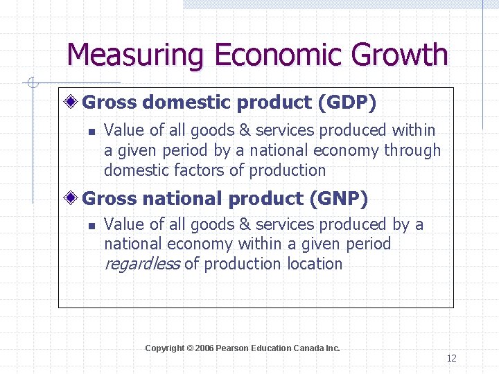 Measuring Economic Growth Gross domestic product (GDP) n Value of all goods & services