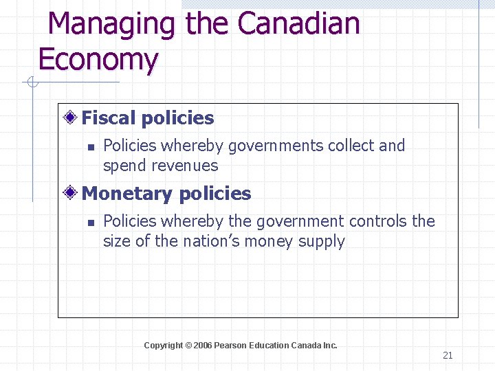 Managing the Canadian Economy Fiscal policies n Policies whereby governments collect and spend revenues