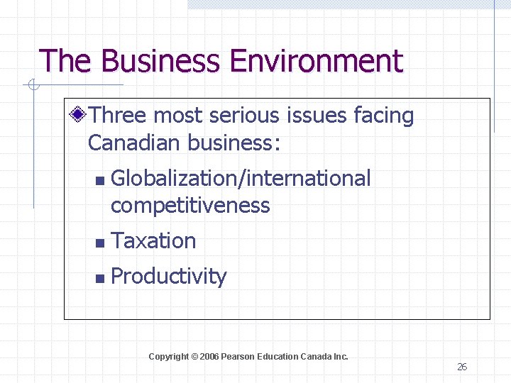The Business Environment Three most serious issues facing Canadian business: n Globalization/international competitiveness n