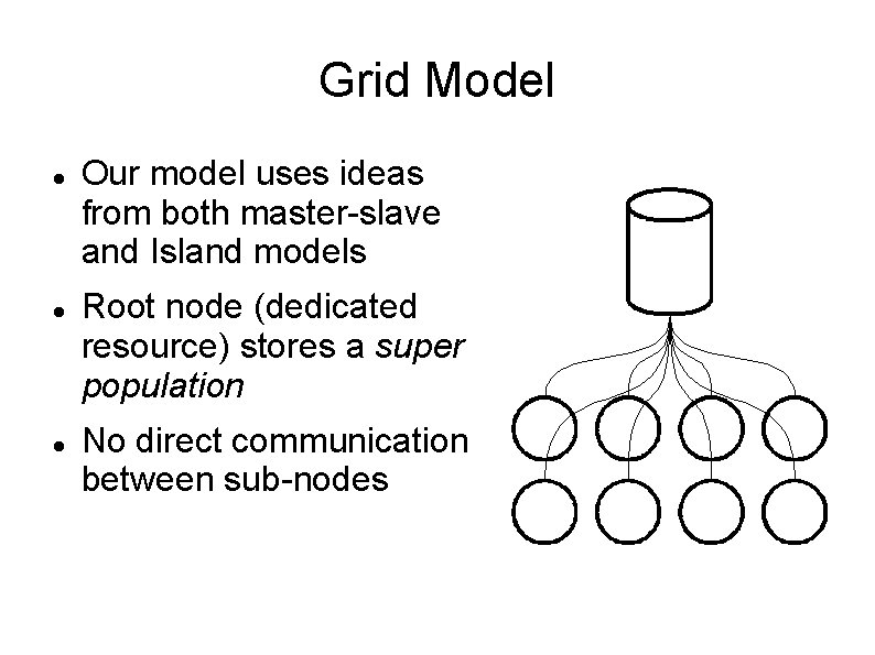 Grid Model Our model uses ideas from both master-slave and Island models Root node