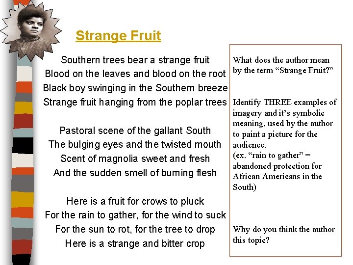 Strange Fruit Southern trees bear a strange fruit Blood on the leaves and blood