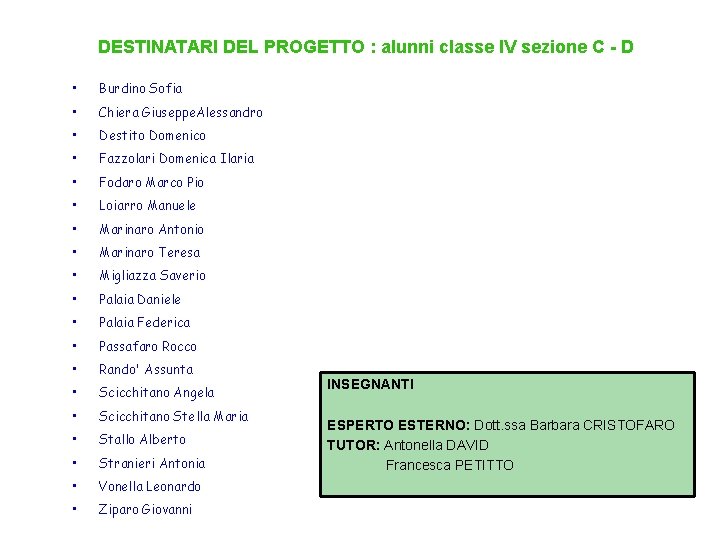 DESTINATARI DEL PROGETTO : alunni classe IV sezione C - D • Burdino Sofia