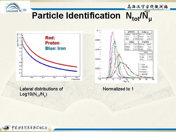 4410 Particle Identification Ntot/Nμ Red: Proton Blue: Iron Lateral distributions of Log 10(Nch/Nμ) Normalized