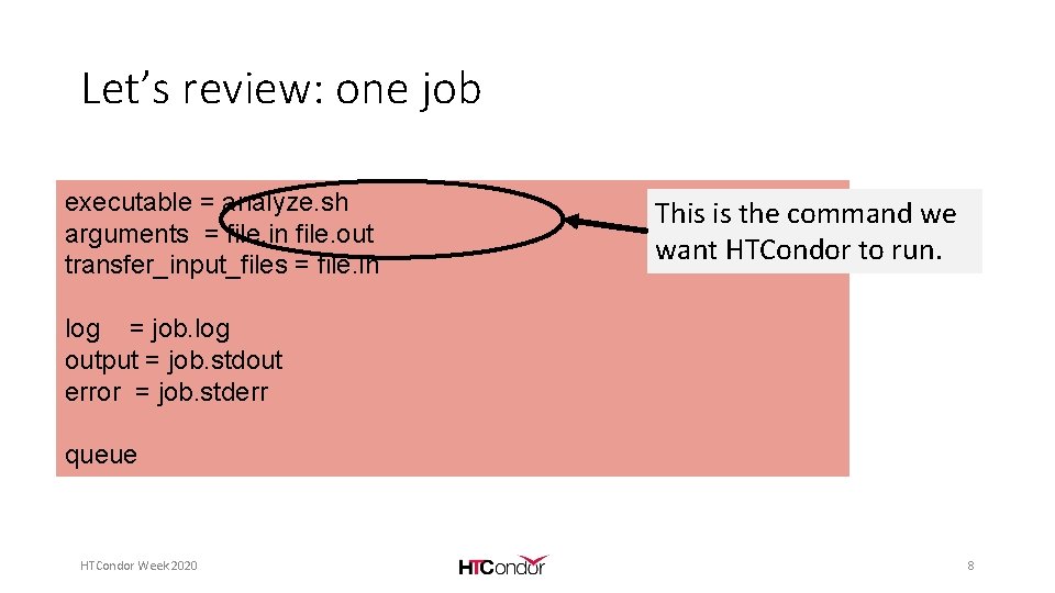 Let’s review: one job executable = analyze. sh arguments = file. in file. out