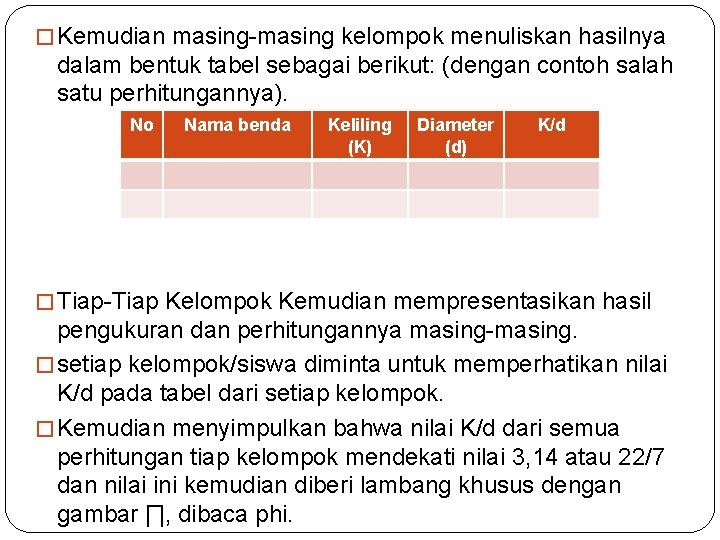 � Kemudian masing-masing kelompok menuliskan hasilnya dalam bentuk tabel sebagai berikut: (dengan contoh salah