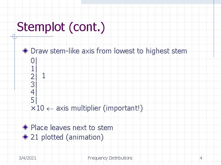 Stemplot (cont. ) Draw stem-like axis from lowest to highest stem 0| 1| 2|