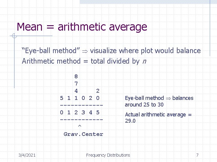 Mean = arithmetic average “Eye-ball method” visualize where plot would balance Arithmetic method = Mean = arithmetic average “Eye-ball method” visualize where plot would balance Arithmetic method =