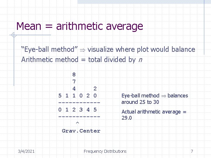 Mean = arithmetic average “Eye-ball method” visualize where plot would balance Arithmetic method =