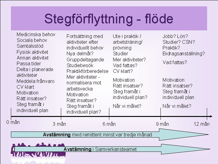 Stegförflyttning - flöde Medicinska behov Sociala behov Samtalsstöd Fysisk aktivitet Annan aktivitet Passa tider