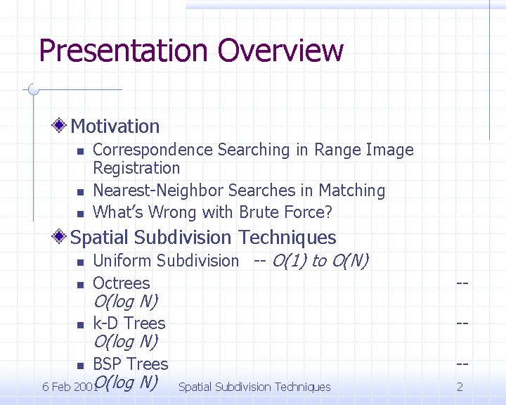 Presentation Overview Motivation n Correspondence Searching in Range Image Registration Nearest-Neighbor Searches in Matching