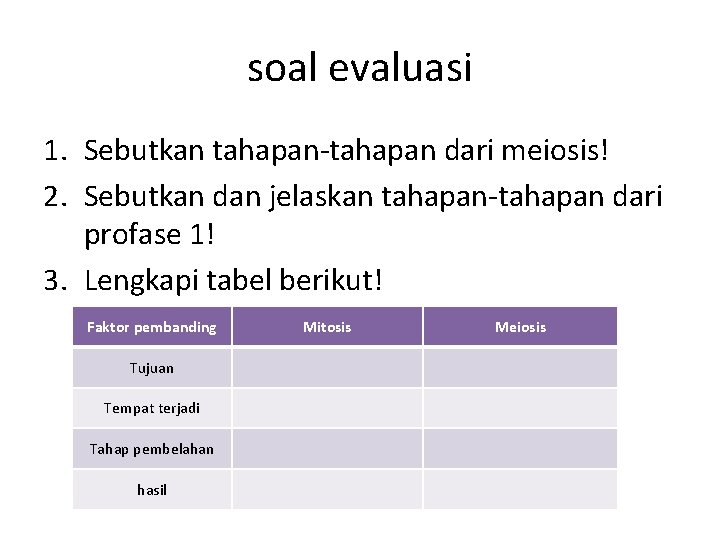 soal evaluasi 1. Sebutkan tahapan-tahapan dari meiosis! 2. Sebutkan dan jelaskan tahapan-tahapan dari profase