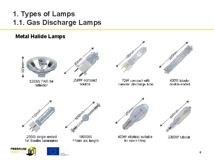 1. Types of Lamps 1. 1. Gas Discharge Lamps Metal Halide Lamps 9 