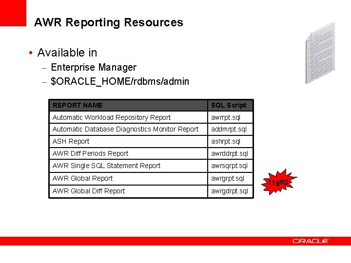 AWR Reporting Resources • Available in – Enterprise Manager – $ORACLE_HOME/rdbms/admin REPORT NAME SQL