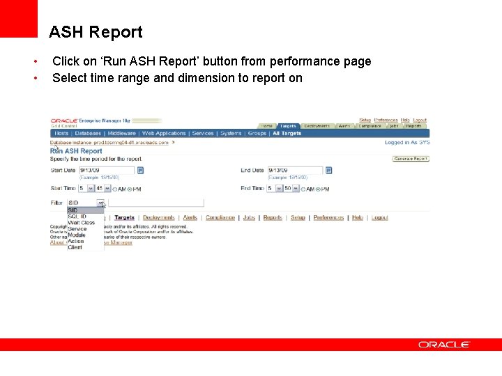 ASH Report • • Click on ‘Run ASH Report’ button from performance page Select