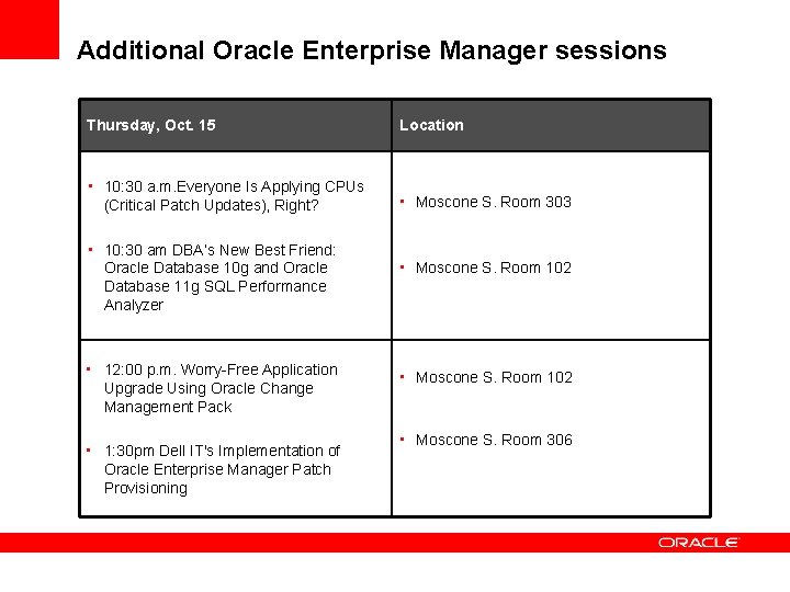 Additional Oracle Enterprise Manager sessions Thursday, Oct. 15 Location • 10: 30 a. m.