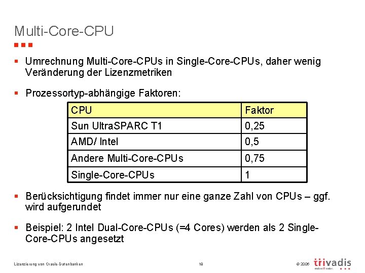 Multi-Core-CPU § Umrechnung Multi-Core-CPUs in Single-Core-CPUs, daher wenig Veränderung der Lizenzmetriken § Prozessortyp-abhängige Faktoren: