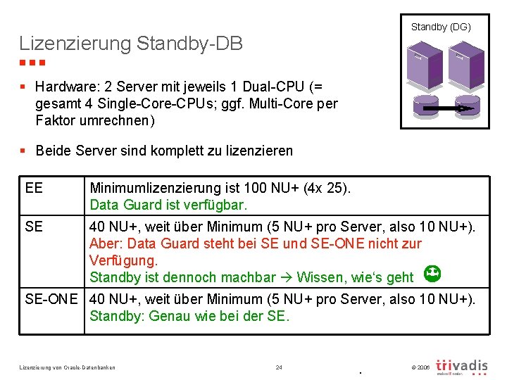 Standby (DG) Lizenzierung Standby-DB § Hardware: 2 Server mit jeweils 1 Dual-CPU (= gesamt