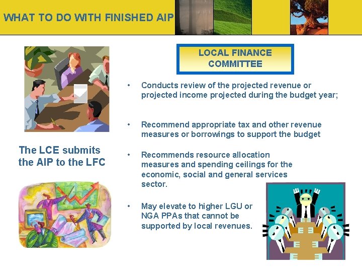 WHAT TO DO WITH FINISHED AIP LOCAL FINANCE COMMITTEE The LCE submits the AIP