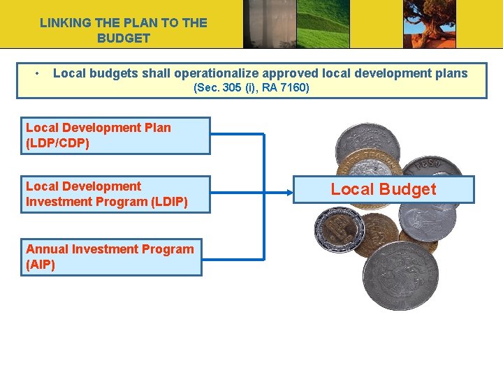 LINKING THE PLAN TO THE BUDGET • Local budgets shall operationalize approved local development