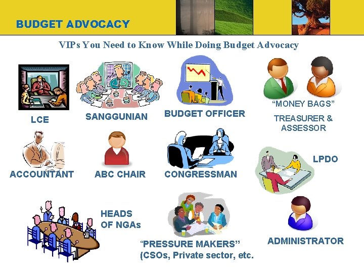 BUDGET ADVOCACY VIPs You Need to Know While Doing Budget Advocacy “MONEY BAGS” LCE