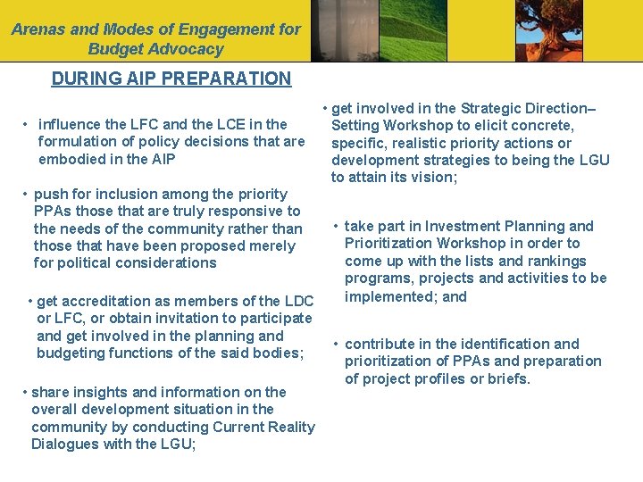 Arenas and Modes of Engagement for Budget Advocacy DURING AIP PREPARATION • influence the