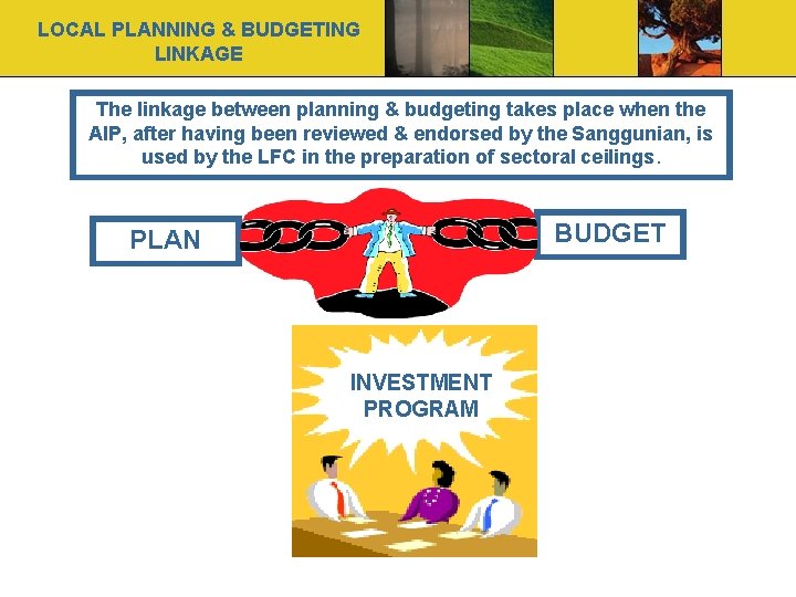 LOCAL PLANNING & BUDGETING LINKAGE The linkage between planning & budgeting takes place when