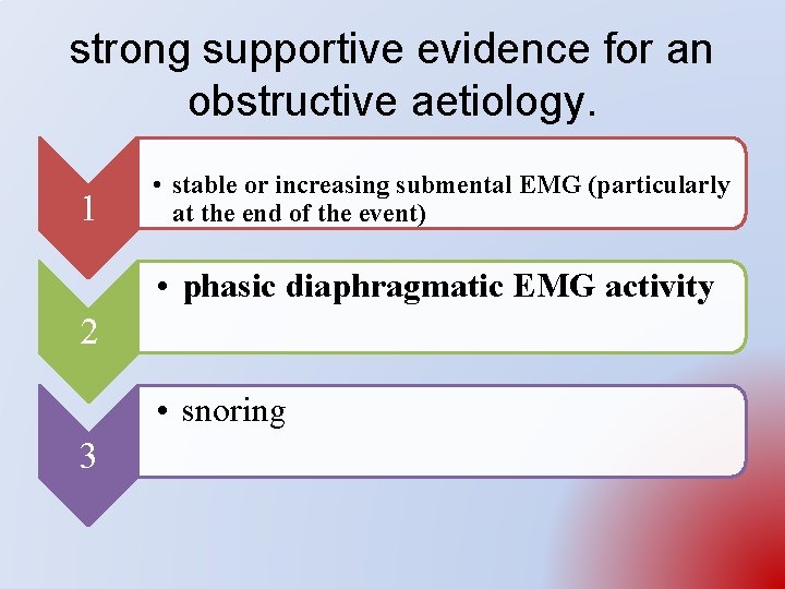 strong supportive evidence for an obstructive aetiology. 1 • stable or increasing submental EMG