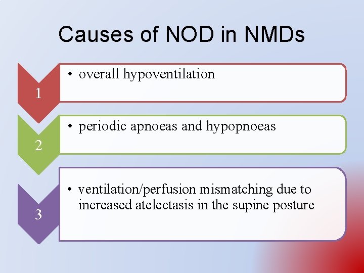 Causes of NOD in NMDs • overall hypoventilation 1 • periodic apnoeas and hypopnoeas