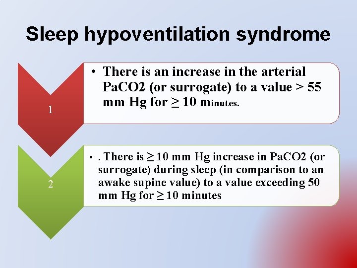 Sleep hypoventilation syndrome 1 • There is an increase in the arterial Pa. CO