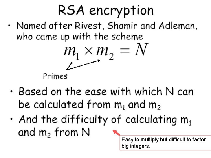Easy to multiply but difficult to factor big integers.  Easy to multiply but difficult to factor big integers.