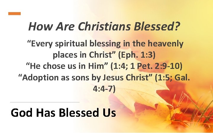 How Are Christians Blessed? “Every spiritual blessing in the heavenly places in Christ” (Eph.