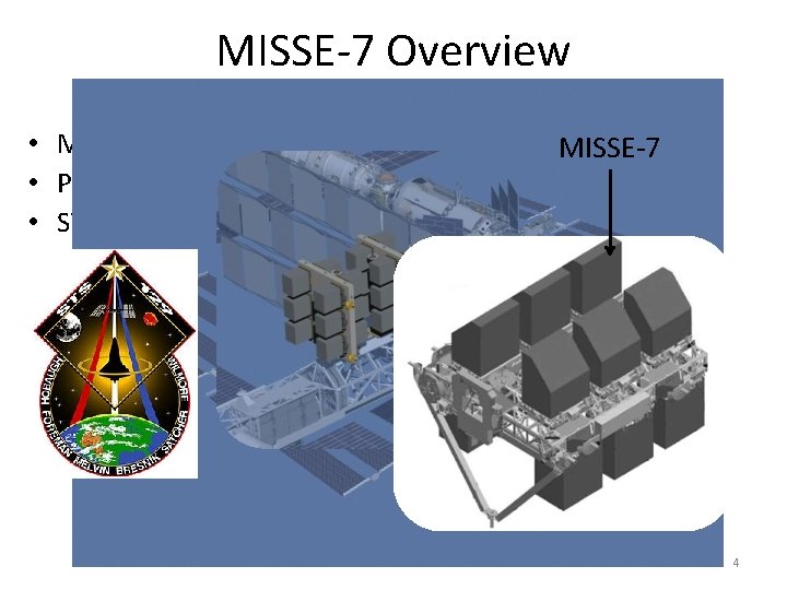 MISSE-7 Overview • Materials International Space Station Experiment MISSE-7 • Payload Lead: Naval Research