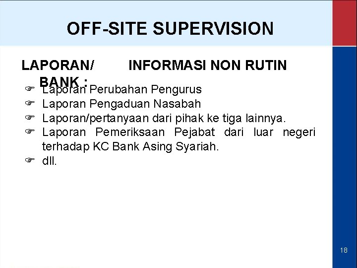 OFF-SITE SUPERVISION LAPORAN/ INFORMASI NON RUTIN BANK : F Laporan Perubahan Pengurus F Laporan