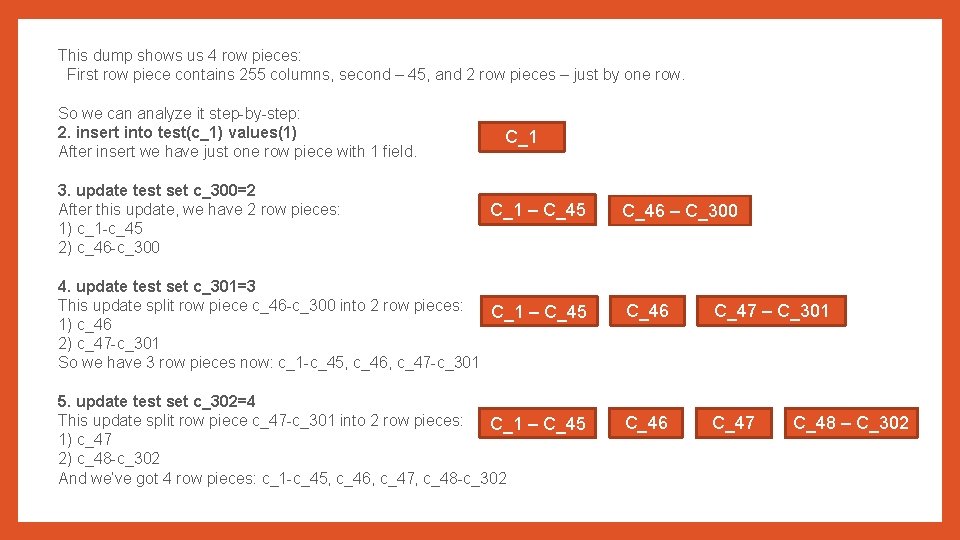 This dump shows us 4 row pieces: First row piece contains 255 columns, second