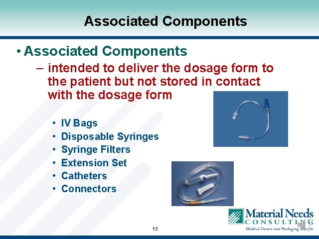 Associated Components • Associated Components – intended to deliver the dosage form to the