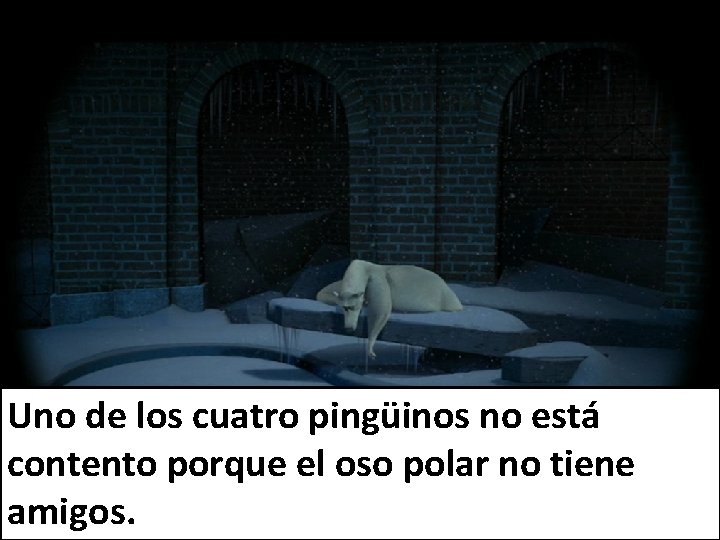 Uno de los cuatro pingüinos no está contento porque el oso polar no tiene