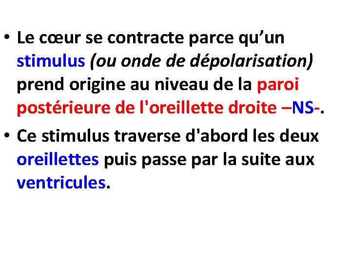  • Le cœur se contracte parce qu’un stimulus (ou onde de dépolarisation) prend
