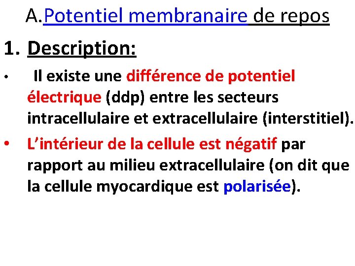A. Potentiel membranaire de repos 1. Description: • Il existe une différence de potentiel