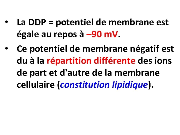  • La DDP = potentiel de membrane est égale au repos à –